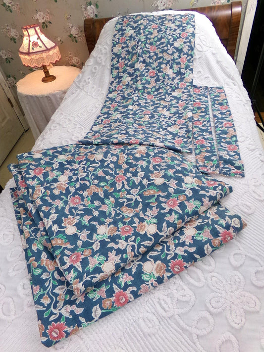 Ralph Lauren Curtain Set in Iconic Jardin Floral, Vintage Pair of Blue 1990s Window Drapery Panels, Valance & Tiebacks, Cotton, Made in USA