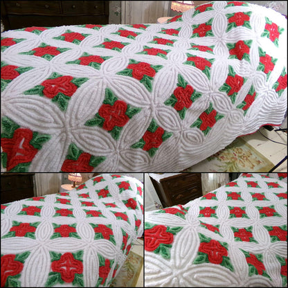 fantasy rose vintage luxury chenille bedspread in shabby style red cabbage roses design, 100% cotton full size bedding