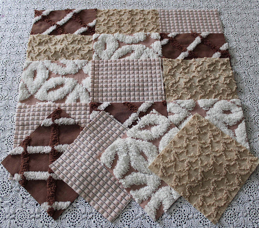 boho browns chenille fabric squares, 16 vintage quilt blocks, 6" x 6" inches ea, great for hippie inspired craft projects