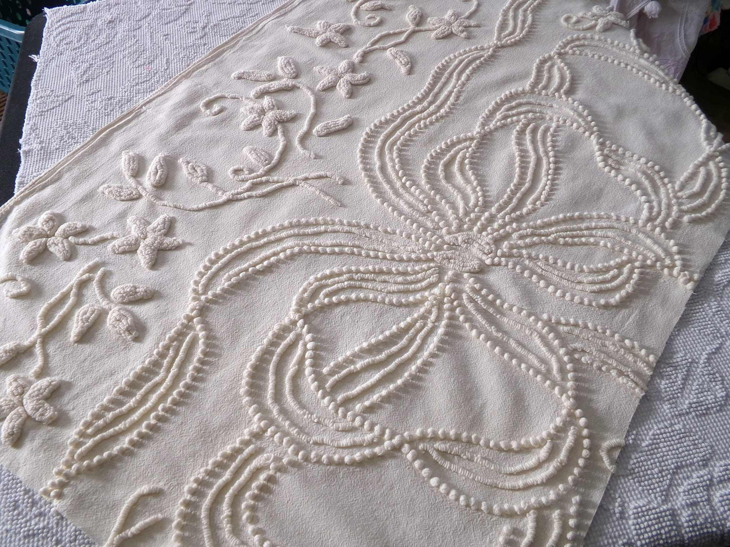 Exquisite Heirloom Vintage Chenille Fabric Piece, Large Bow & Lily Flowers in Antique Cream, 23" x 37" inch piece, lovely for a wall hanging