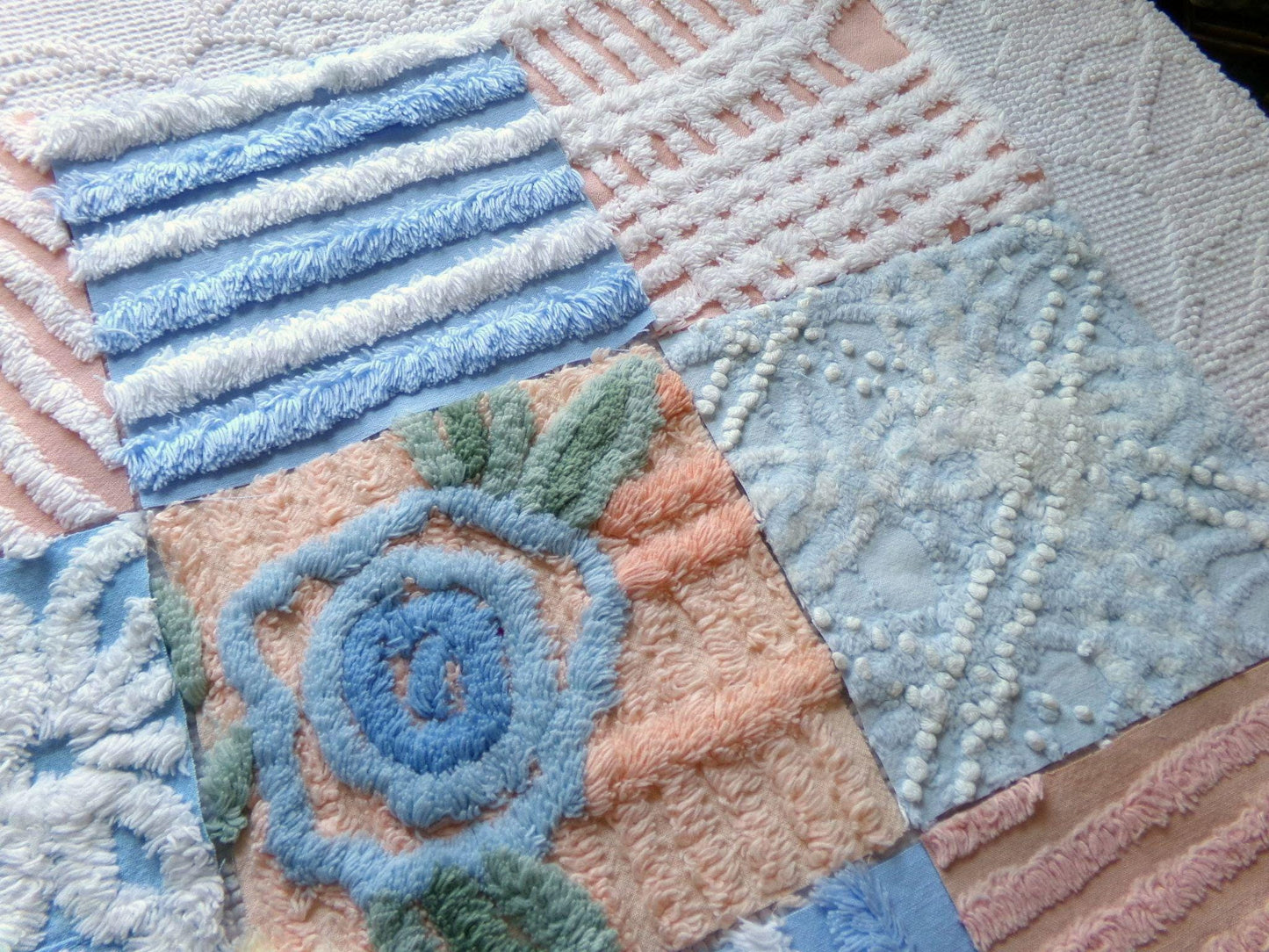 chenille 6" fabric squares, blue, peach & white plush quilt blocks, rotary cut from vintage chenille bedspreads, set of 16