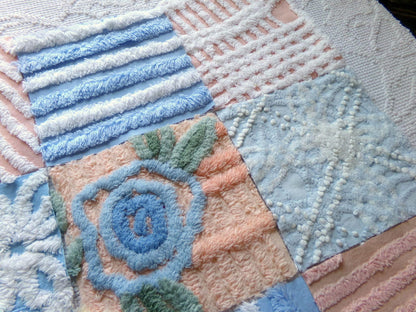chenille 6" fabric squares, blue, peach & white plush quilt blocks, rotary cut from vintage chenille bedspreads, set of 16