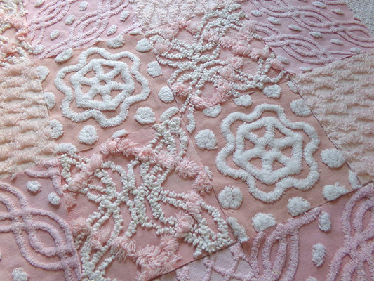 feminine glow vintage 6" chenille squares, set of 16 quilt blocks, rotary cut from pink & peach vintage chenille bedspread fabrics