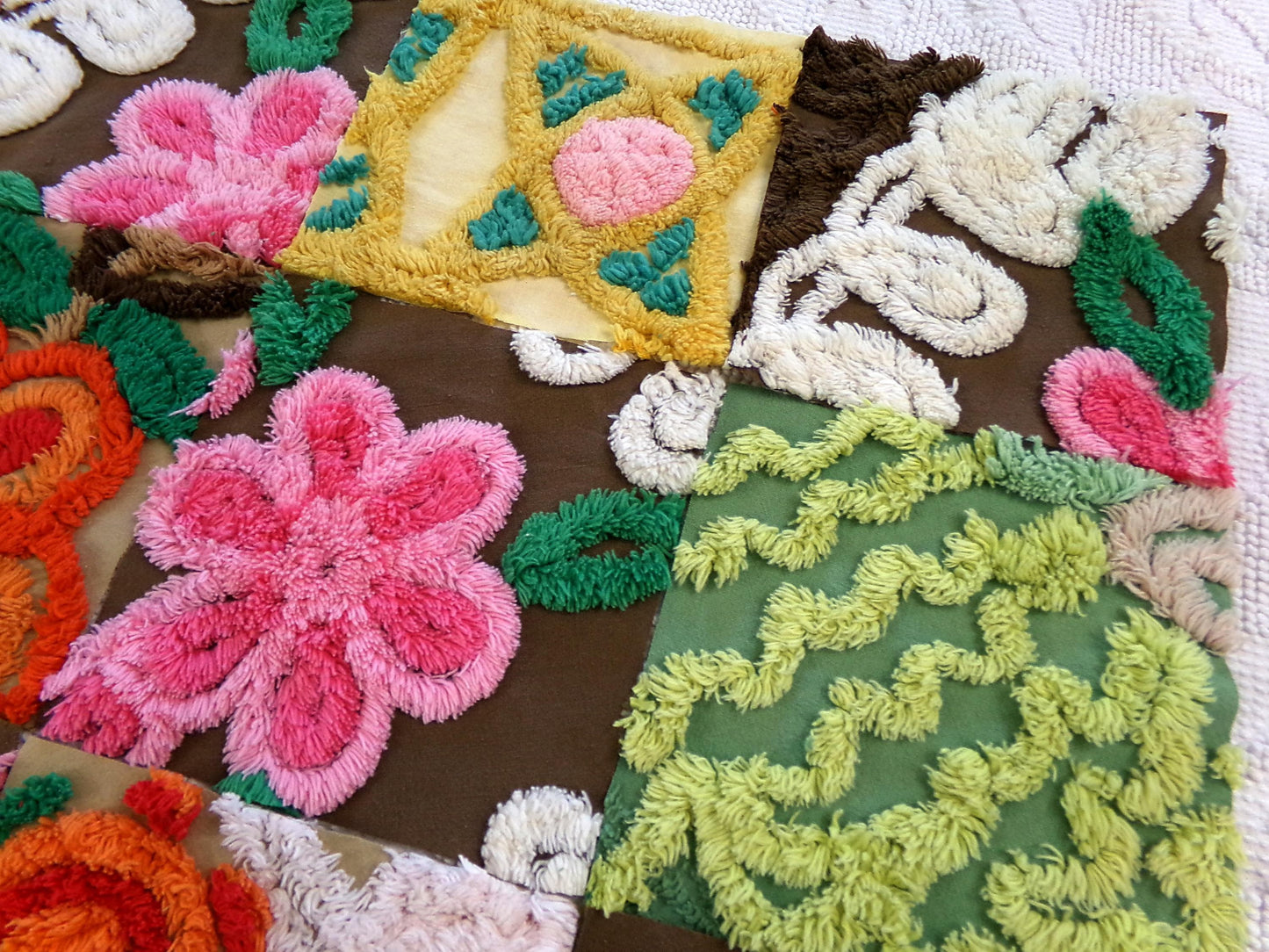 flower power vintage chenille fabric squares, set of 16 boho 70s style 6" blocks for arts & crafts, sewing