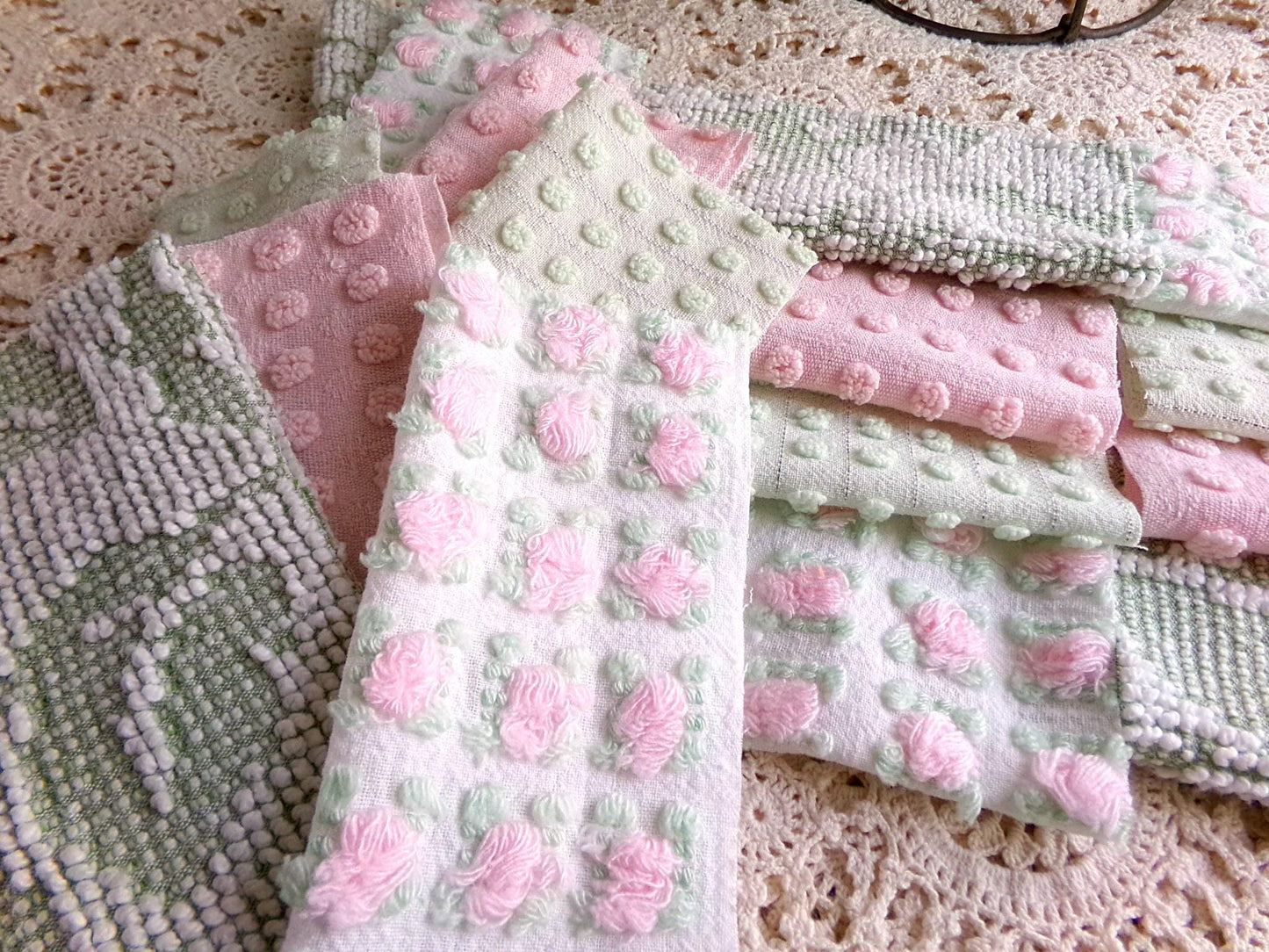 vintage pink & green chenille fabric squares, "breath of spring", rotary cut from vintage chenille bedspreads, set of 16 Blocks 6" x 6" inch
