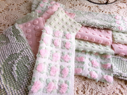 vintage pink & green chenille fabric squares, "breath of spring", rotary cut from vintage chenille bedspreads, set of 16 Blocks 6" x 6" inch