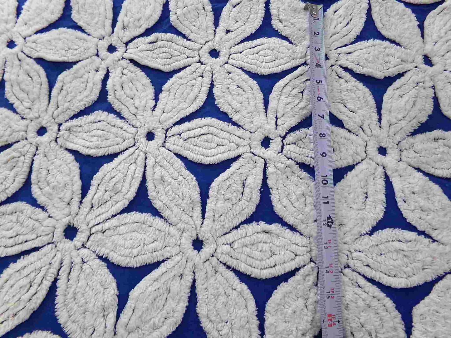 vintage chenille fabric, big beautiful white daisies on dramatic cobalt blue, 20" x 24"' inch piece, plush abstract coastal floral pattern