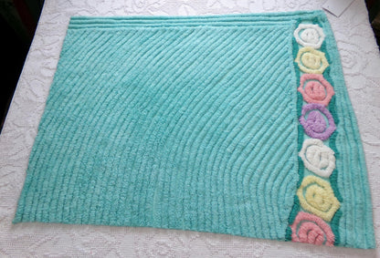 vintage plush aqua chenille fabric, rainbow lollipop roses design, 19" x 24" piece of sewing material