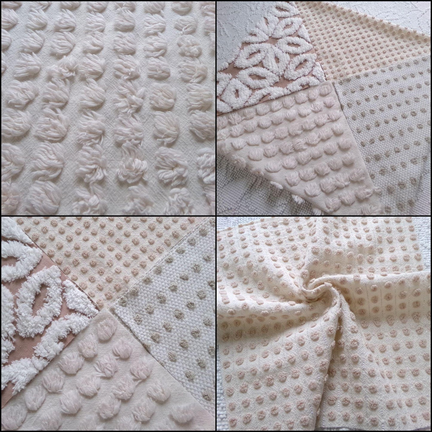 contemporary neutral chenille fabric squares, set of 4 texturized vintage large quilt blocks 12" inches ea, dots & daisies