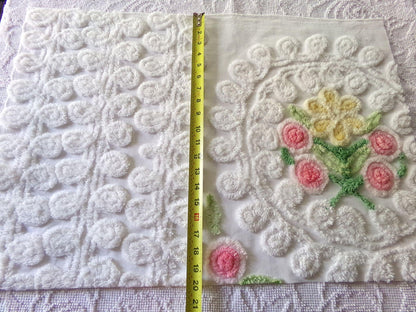 sculpted wedding cake vintage chenille fabric, lovely bridal white curlicues & rosette florals, 19" x 27" inch piece cotton sewing material