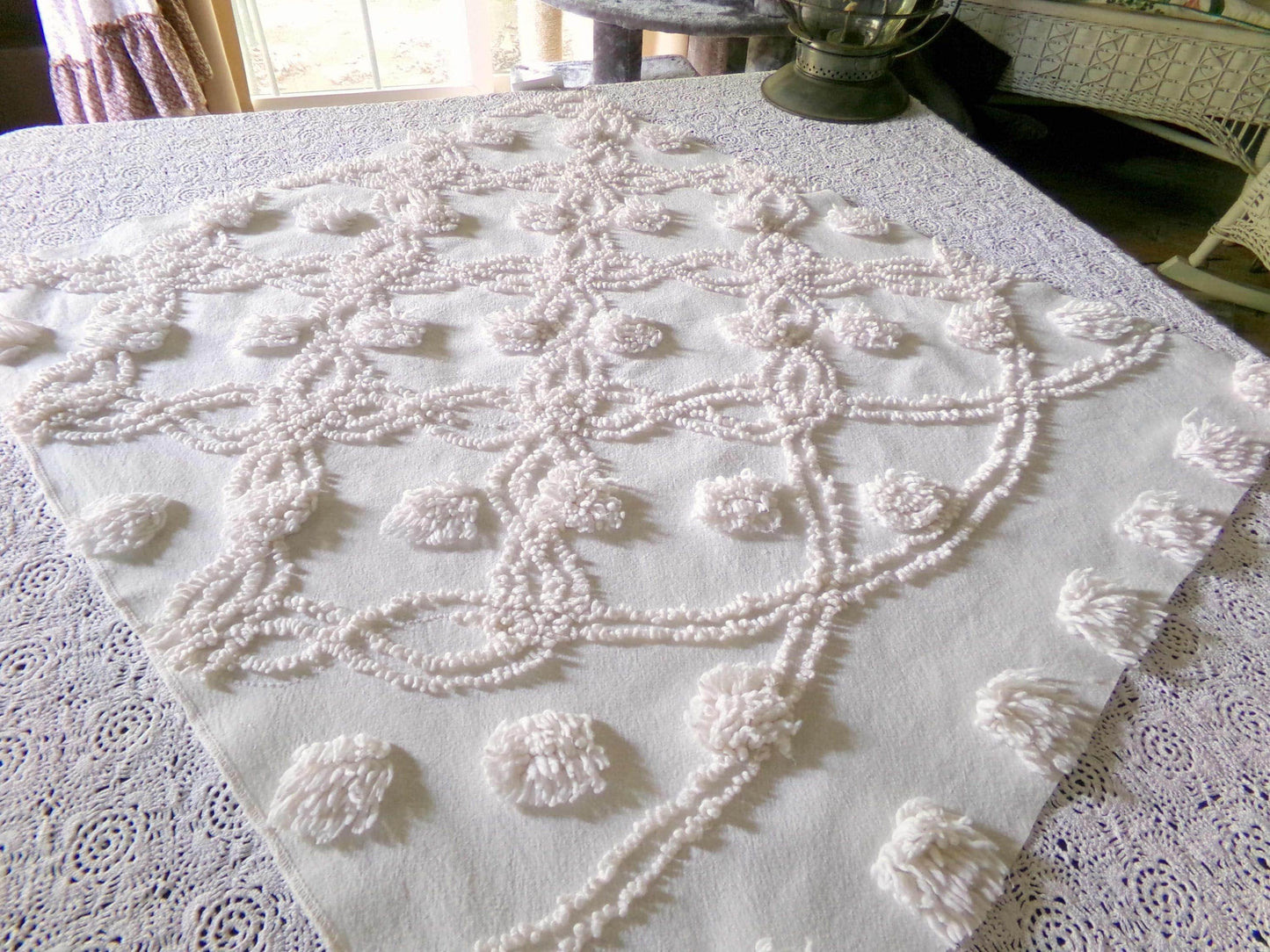 Fluffy Jumbo Pops Vintage Chenille Fabric, Shabby Chic Puffs, 21" x 25" inch Piece, Neutral Antique Cream for Pillows, Quilting