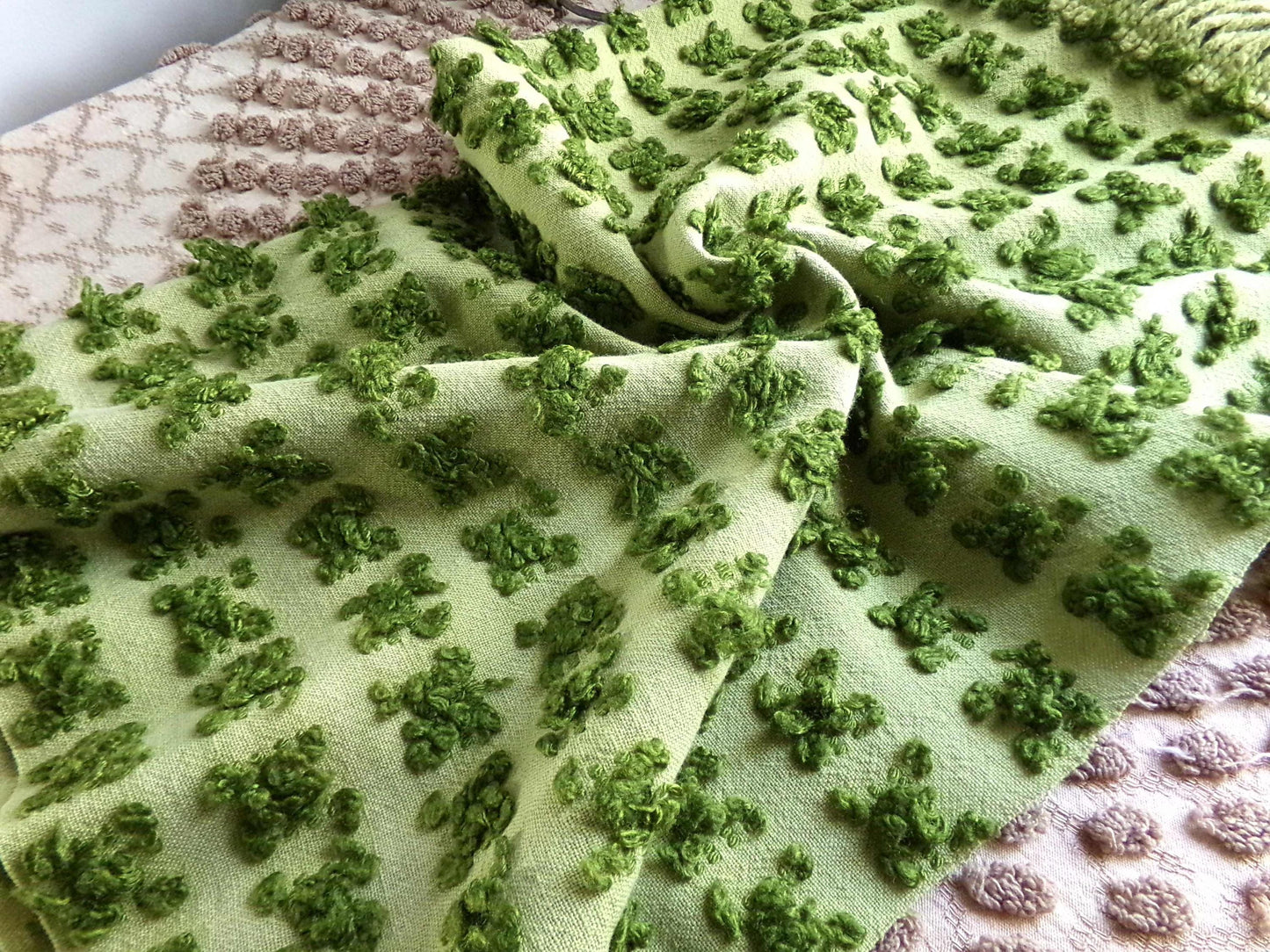 Hippie Chic Vintage Green Rosebud Chenille Fabric, 18" x 24" inch Piece, Boho Fabulous Tonal Roses