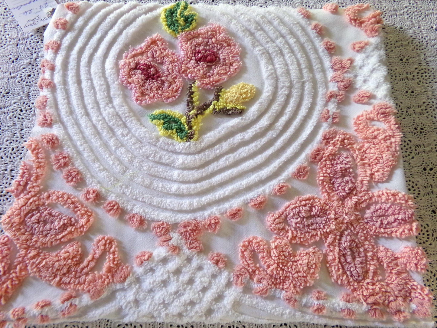 Shabby Rose Swirl Vintage Chenille Fabric, 26" x 29" inch Piece, Upcycle into Pillows, Quilts & Crafts