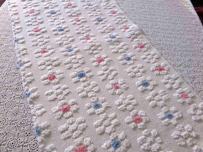Cute Vintage Style Chenille Fabric, Y2K Daisy Pattern in White, Pink & Blue, 18" x 24" inch Piece, 100% Lightweight Cotton