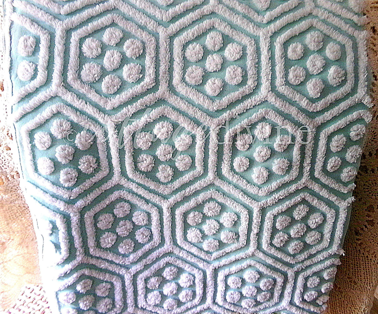 Plush Puffs Vintage Chenille Fabric, 20" x 25" Inch Aqua & White Piece, Rare Geometric Hexagon Design by Hofmann Textiles