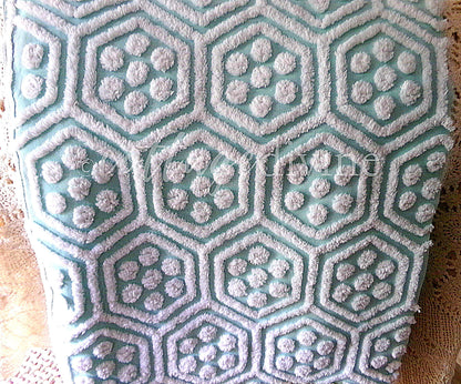 Plush Puffs Vintage Chenille Fabric, 20" x 25" Inch Aqua & White Piece, Rare Geometric Hexagon Design by Hofmann Textiles