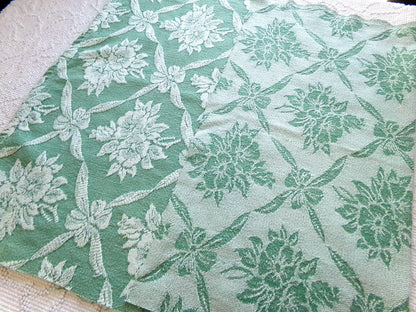 shabby cottage jade rose woven fabric, reversible sewing material from vintage bates bedspread, 20" x 30" piece for pillows, quilting