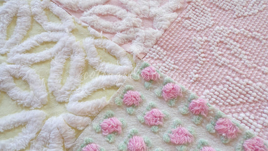 Chenille Fabric Squares Set, "Spring is in the Air", from Vintage Bedspread Fabrics, 16 Quilt Blocks, 6" inch, Cottage Pink, Yellow & White