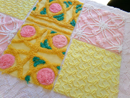spring sun chenille fabric squares, 7.5" vintage quilt blocks, pink, gold, yellow floral & geometric, set of 6 for sewing, crafts, quilting