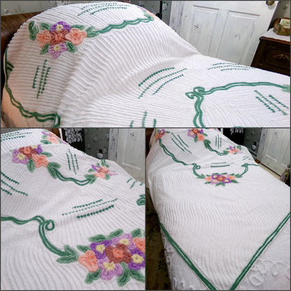 Cottage Getaway Vintage Chenille Bedspread, Green Accents & Colorful Florals on White Cotton, FULL Size Summer Shabby Chic Bedding