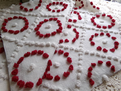 ruby red rings in white diamonds vintage chenille fabric, charming antique handtufted 20"x 25" inch piece of sewing & quilt material