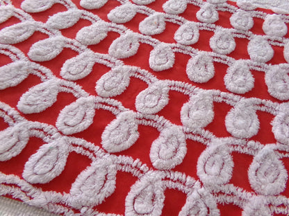 rare white curlicues on red fabric, 15" x 26" inch piece of vintage chenille bedspread material for sewing & quilting