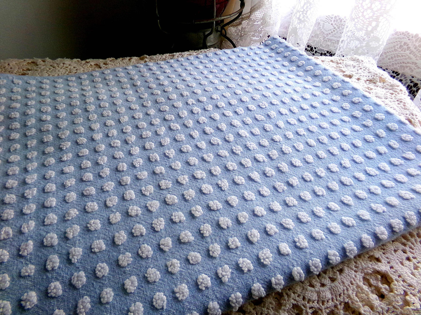 Bubble Dots Vintage Chenille Material, 24" x 18" inch Fabric Piece, Little White Pops on Sky Blue, Beachy Coastal Vibes