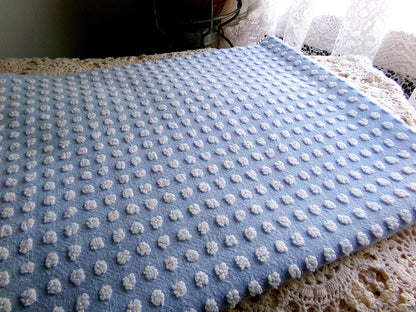 Bubble Dots Vintage Chenille Material, 24" x 18" inch Fabric Piece, Little White Pops on Sky Blue, Beachy Coastal Vibes