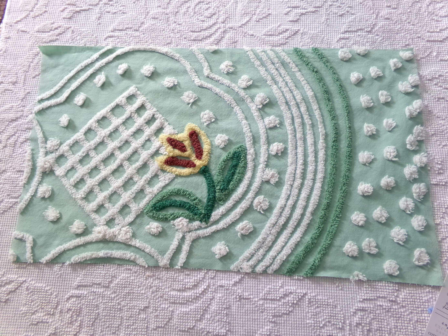 cutest springtime tulip vintage fabric, 13" x 23" inch piece cut from a chenille bedspread, mint green floral sewing material