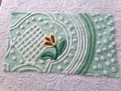 cutest springtime tulip vintage fabric, 13" x 23" inch piece cut from a chenille bedspread, mint green floral sewing material