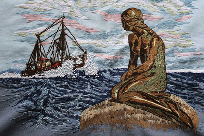 Vintage THE MERMAID Finished 1970s Embroidery Piece, Completed Paragon Crewel Stitchery 0411, Adele Veres
