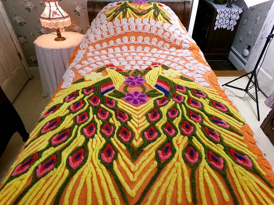 wild orange peacock chenille bedspread, incredibly colorful lovebirds & rainbow hearts vintage full size bedding