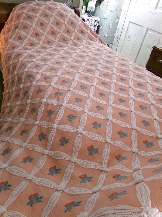 shabby chic style Vintage woven & chenille bedspread, coral rose twin coverlet