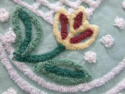 cutest springtime tulip vintage fabric, 13" x 23" inch piece cut from a chenille bedspread, mint green floral sewing material