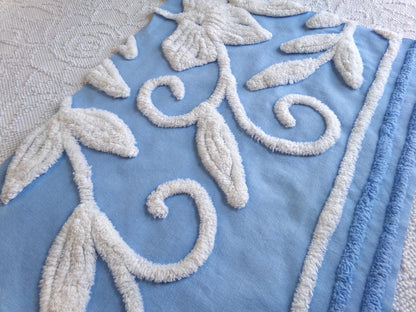 botanical white lily vintage chenille fabric, soothing blue 15" x 22" piece of sewing material for quilting and crafts