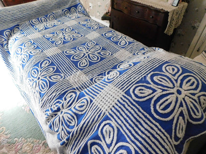 Shabby Chic Coastal Cottage Royal Blue Bold Floral Vintage Chenille Bedspread, FULL, Cotton