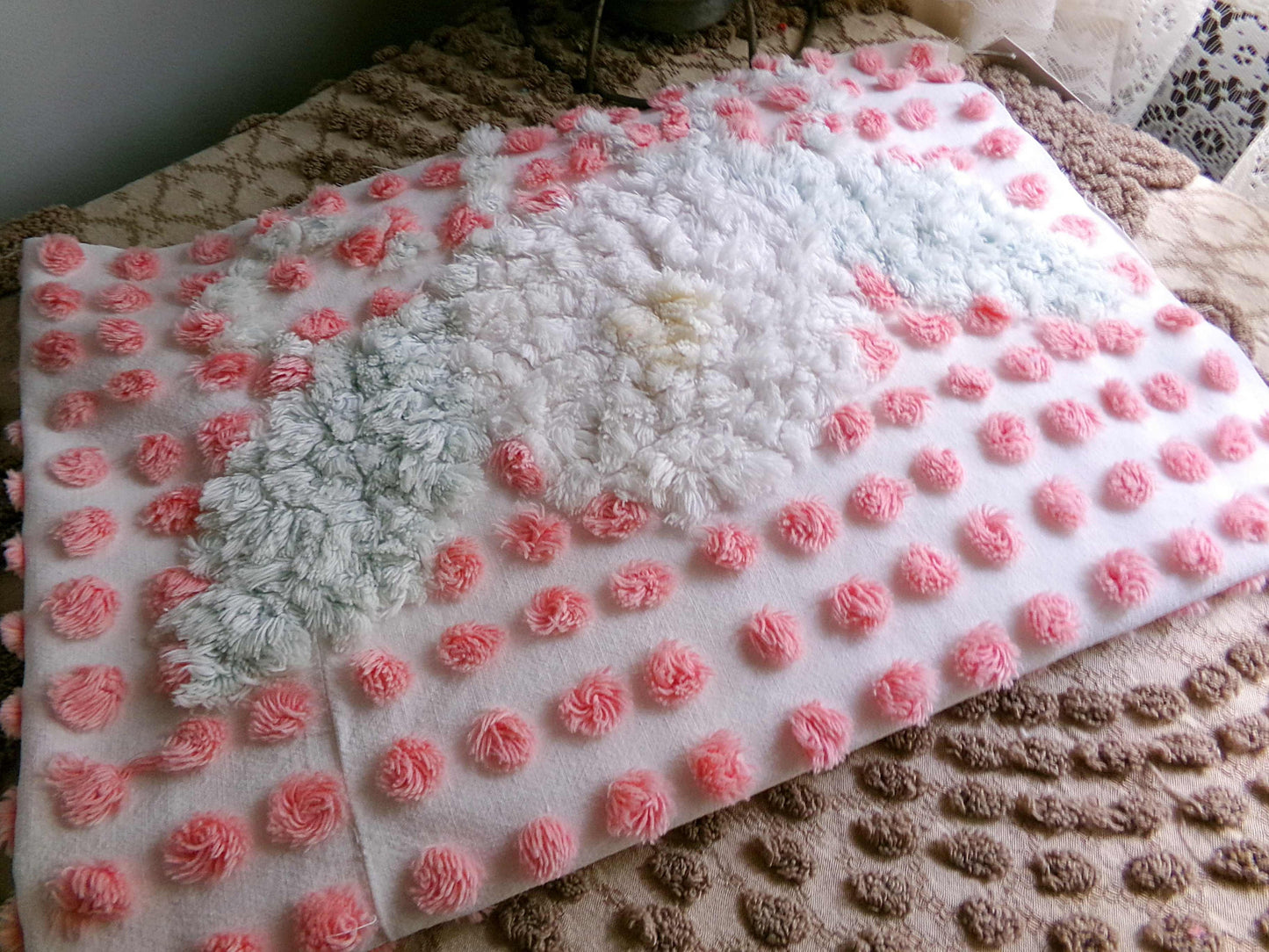 Darling White Lily Vintage Fabric, Handtufted Antique Chenille Pink & White Pops, 20" x 28" Inch Piece
