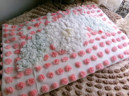 Darling White Lily Vintage Fabric, Handtufted Antique Chenille Pink & White Pops, 20" x 28" Inch Piece