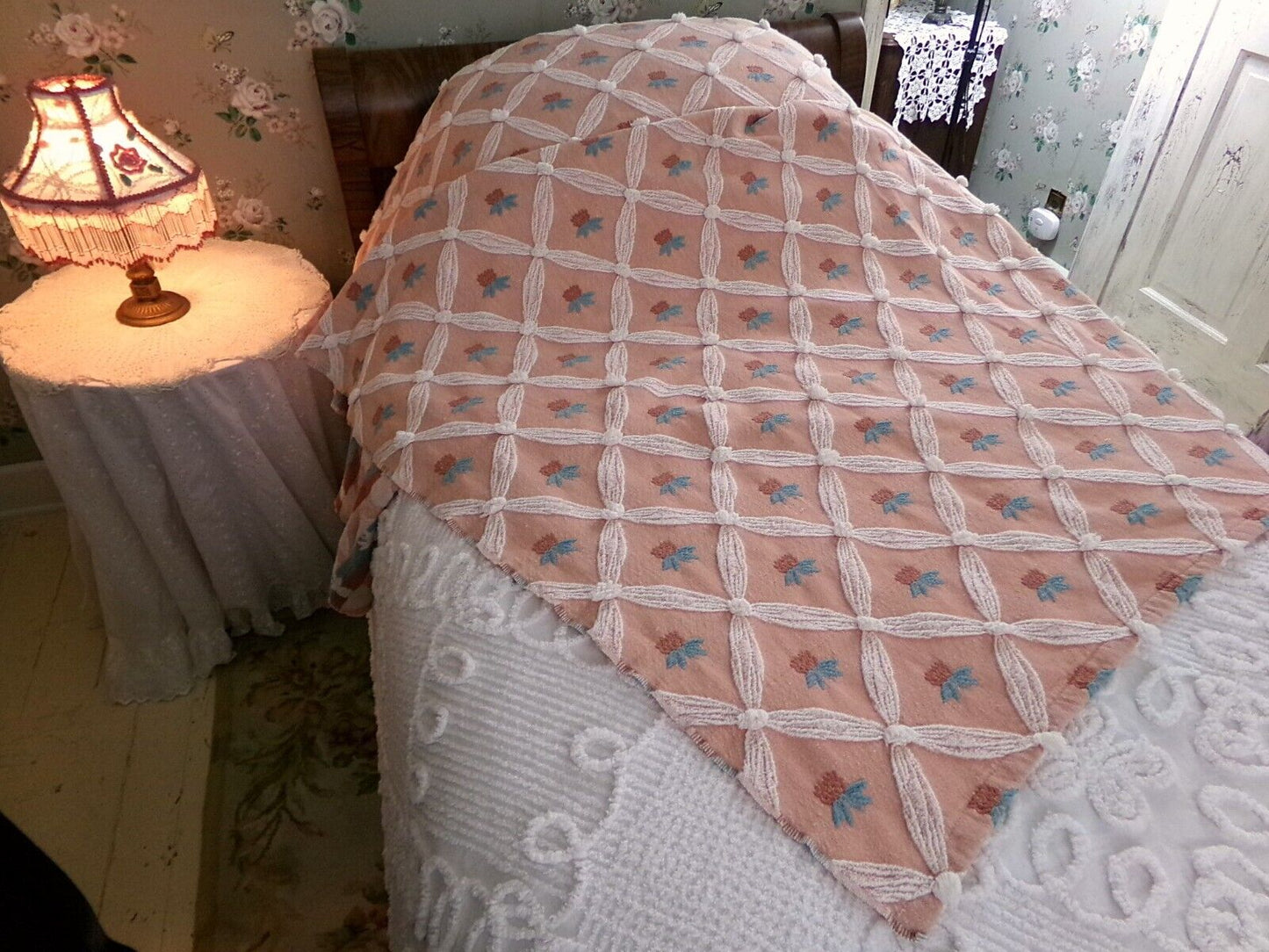 shabby chic style Vintage woven & chenille bedspread, coral rose twin coverlet