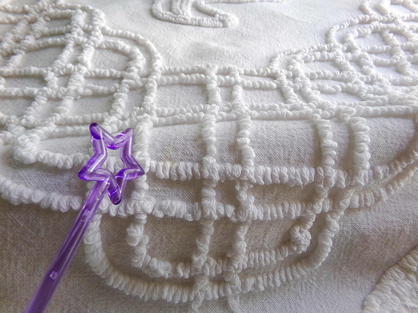 Farmhouse Style White Floral Chenille Fabric, Vintage 16" x 28" inch Piece, Great for Pillows & Quilting