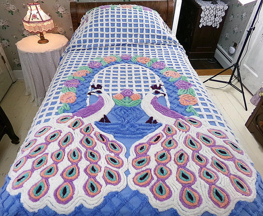 peacock vintage chenille bedspread, lovebirds under a sky blue flower garden trellis, luxury midcentury full size bedding