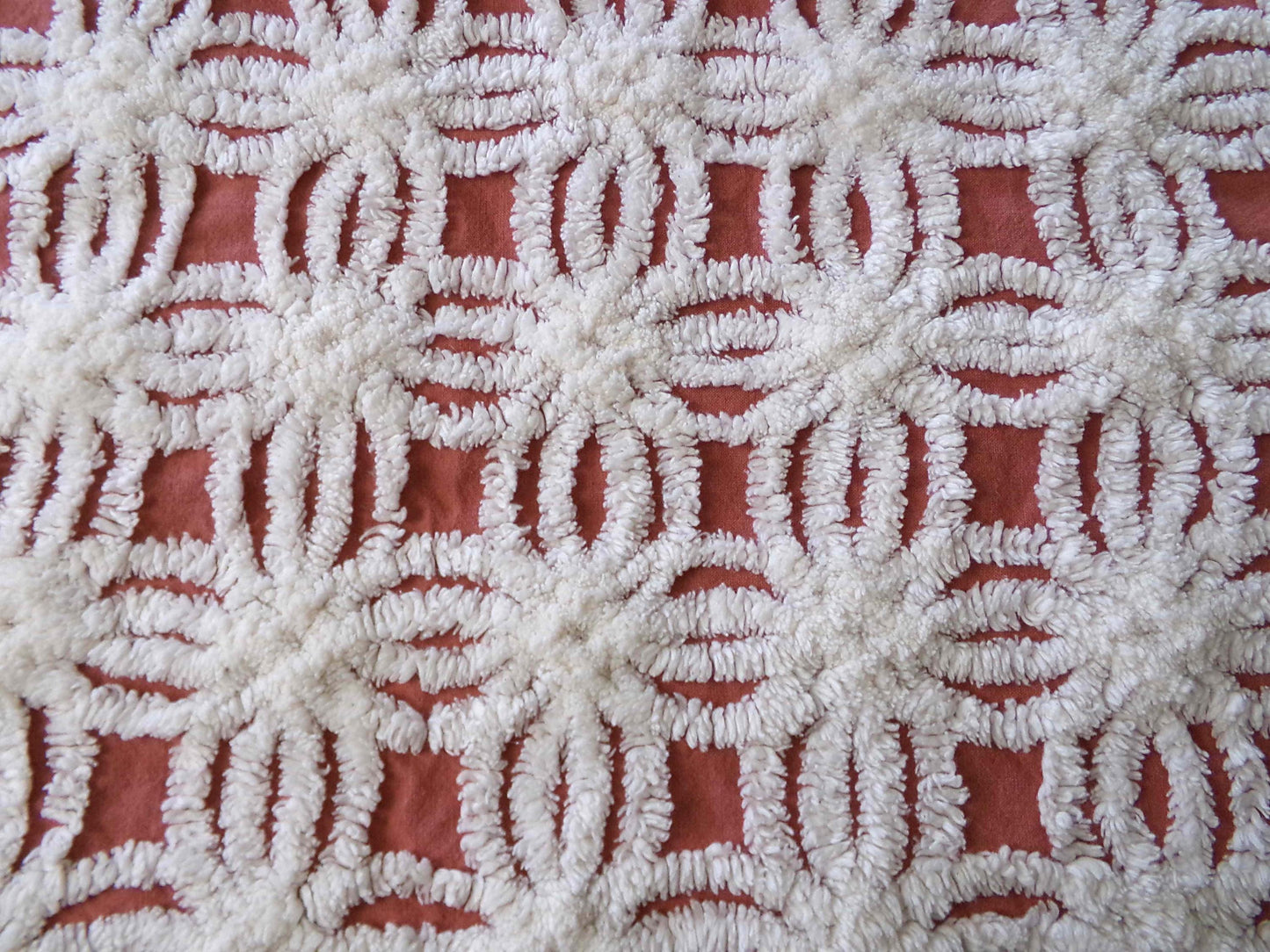 Earthy Terracotta Vintage Chenille Fabric, Plush White Tufted Petal Design, 20" x 24" inch Piece, 100% Cotton Material for Quilts & Crafts