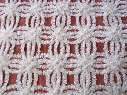 Earthy Terracotta Vintage Chenille Fabric, Plush White Tufted Petal Design, 20" x 24" inch Piece, 100% Cotton Material for Quilts & Crafts