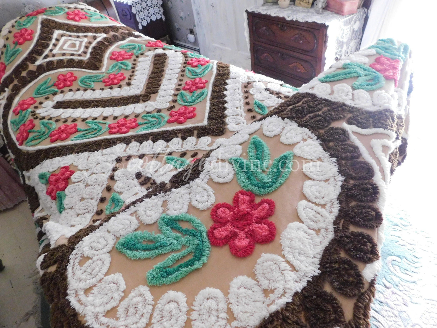 Chocolate Cherry Heart Cake Midcentury Vintage Chenille Bedspread, Cotton, Full Size