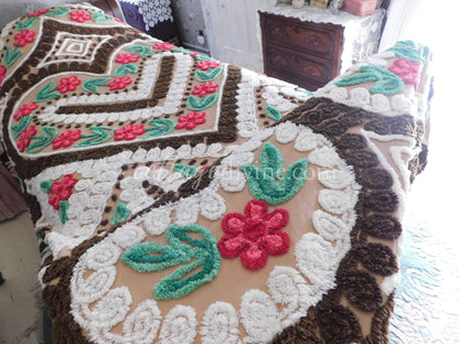 Chocolate Cherry Heart Cake Midcentury Vintage Chenille Bedspread, Cotton, Full Size