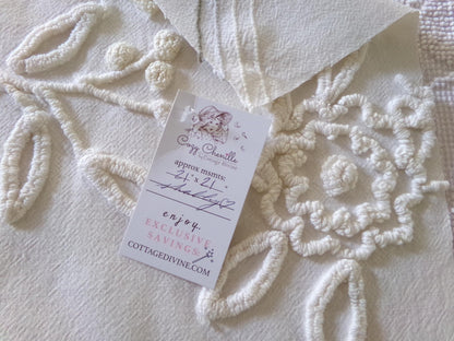 shabby chic chenille fabric, lovely needletuft rose floral design, 21" x 21" inch piece of vintage sewing material great for a pillow cover