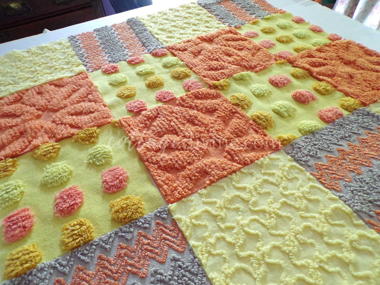 Retro Hippie Quilt Squares Set, from Vintage Chenille Bedspread Fabric, 16 Blocks, 6" x 6" inch