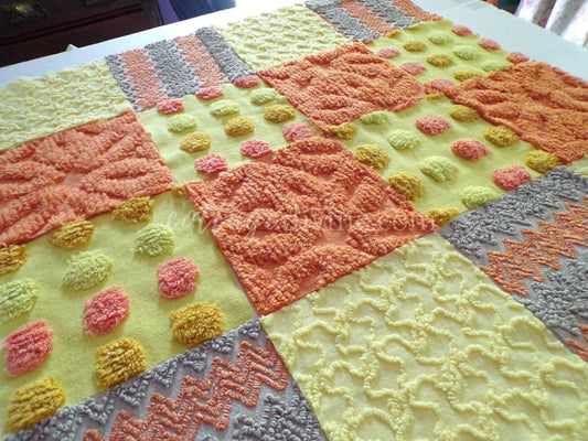 Retro Hippie Quilt Squares Set, from Vintage Chenille Bedspread Fabric, 16 Blocks, 6" x 6" inch