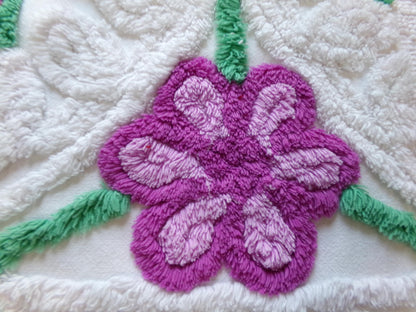 Whimsical Violets Vintage Chenille Fabric, 18" x 20" Inch Piece Plush White Cotton Sewing Material, Great for DIY Pillow