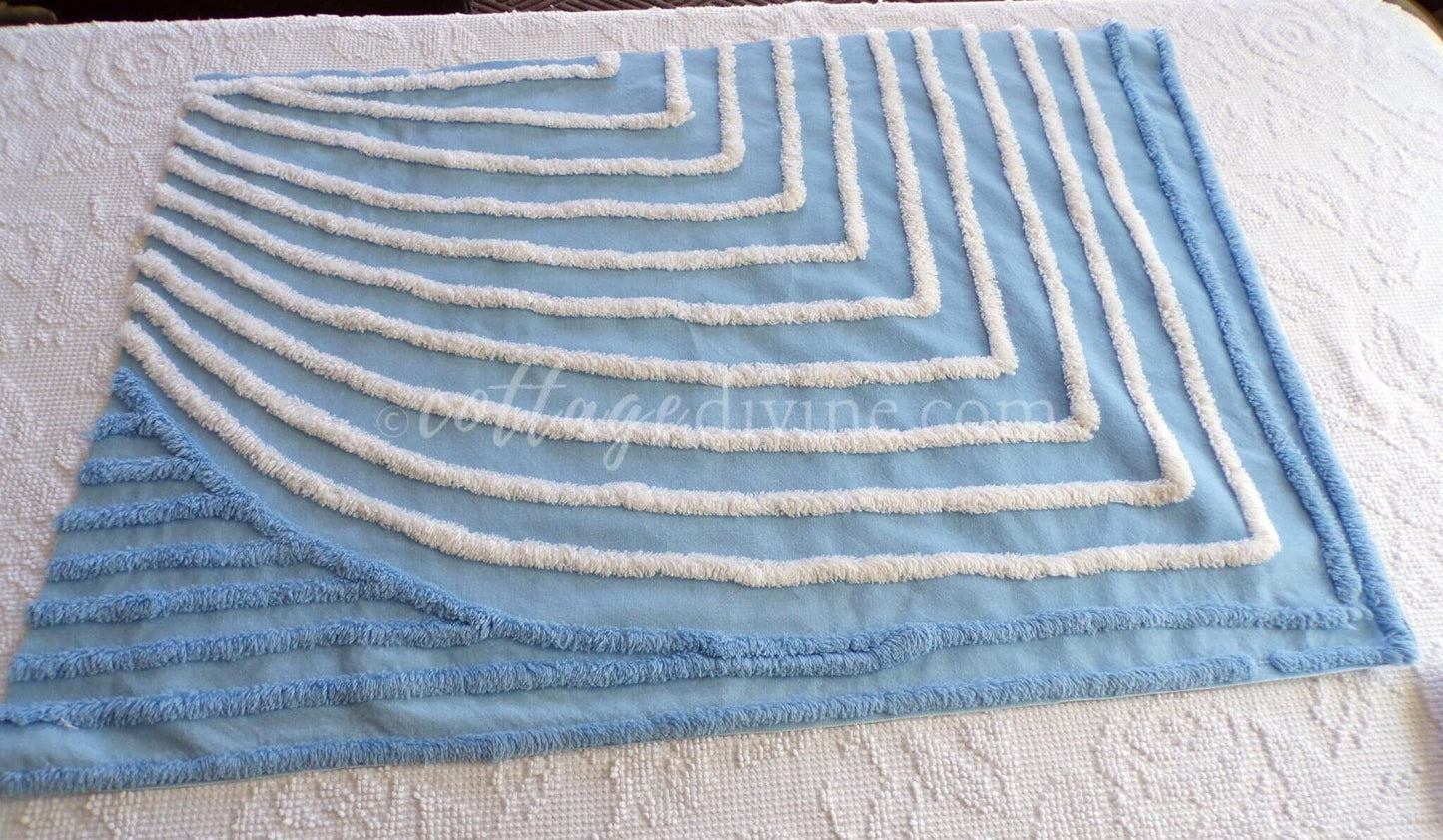 Beach Cottage Blue & White Vintage Chenille Fabric Piece, 19" x 29" inches, Ideal in Quilts and Pillows